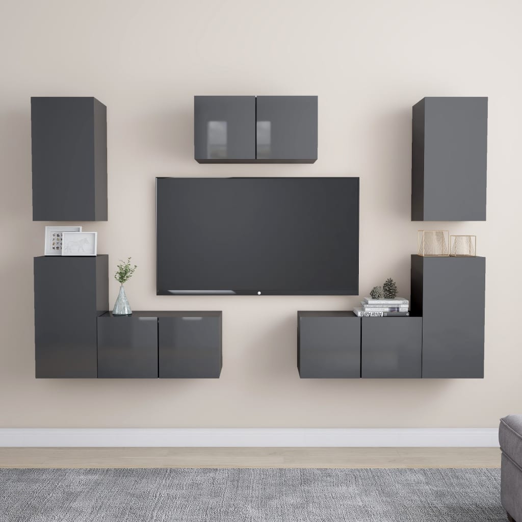 7 Piece TV Cabinet Set High Gloss Grey Engineered Wood