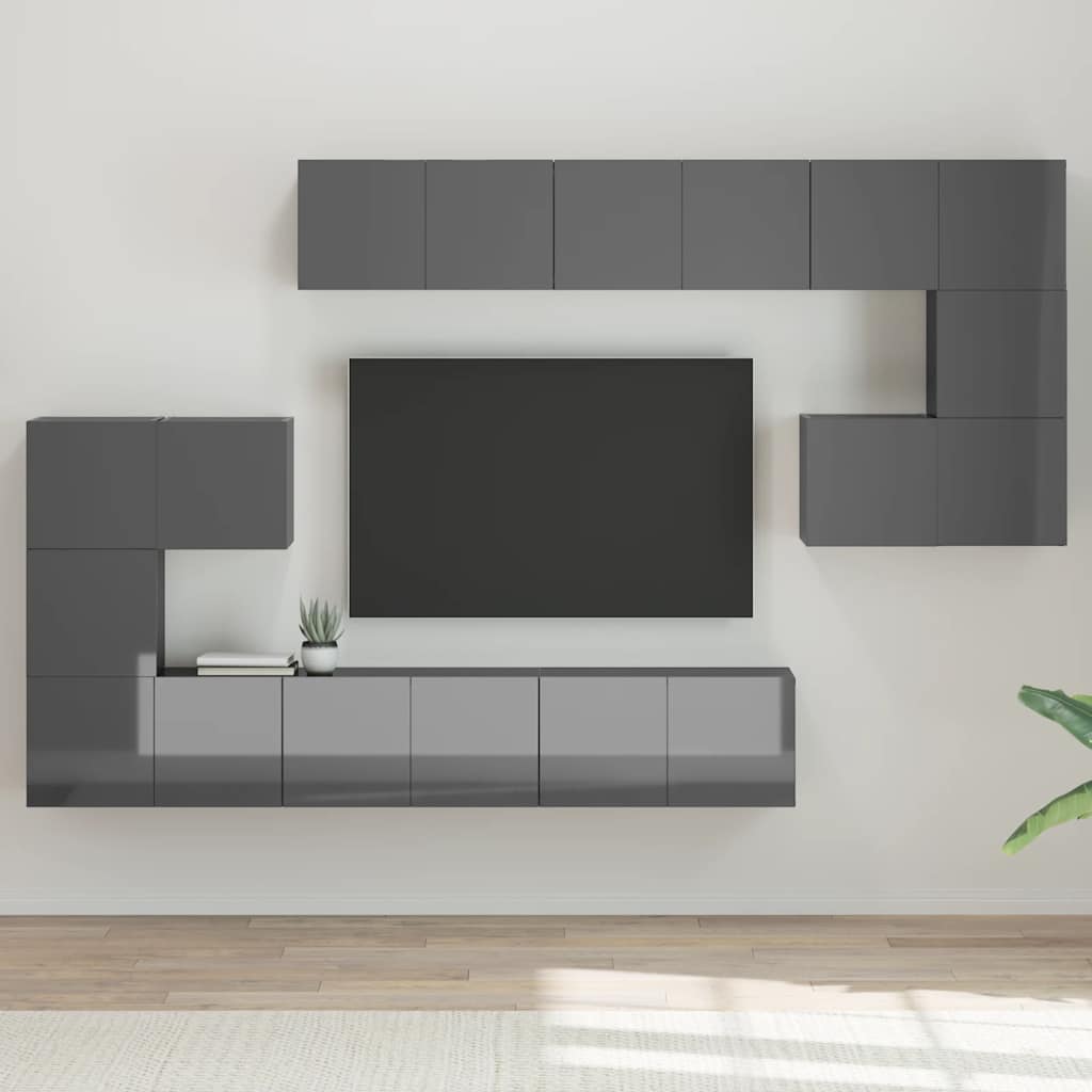 10 Piece TV Cabinet Set High Gloss Grey Engineered Wood