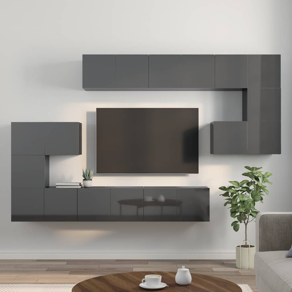10 Piece TV Cabinet Set High Gloss Grey Engineered Wood