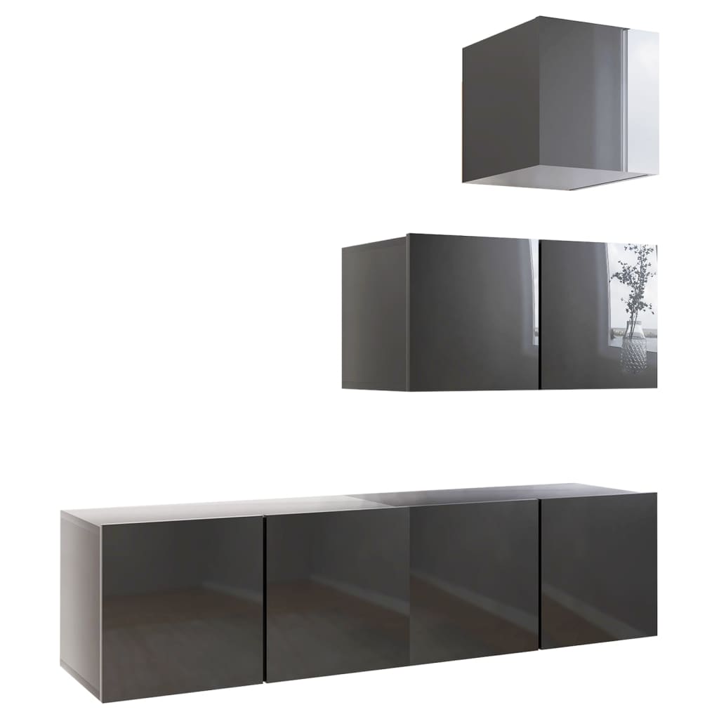 4 Piece TV Cabinet Set High Gloss Grey Engineered Wood