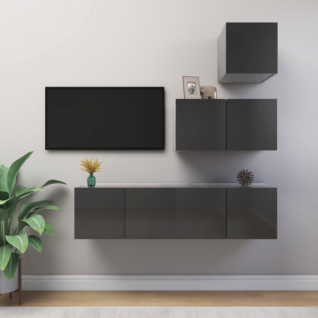 4 Piece TV Cabinet Set High Gloss Grey Engineered Wood