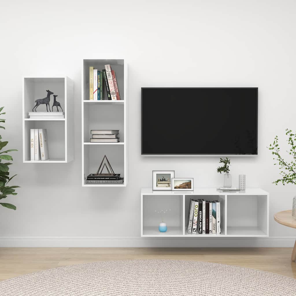 3 Piece TV Cabinet Set High Gloss White Engineered Wood