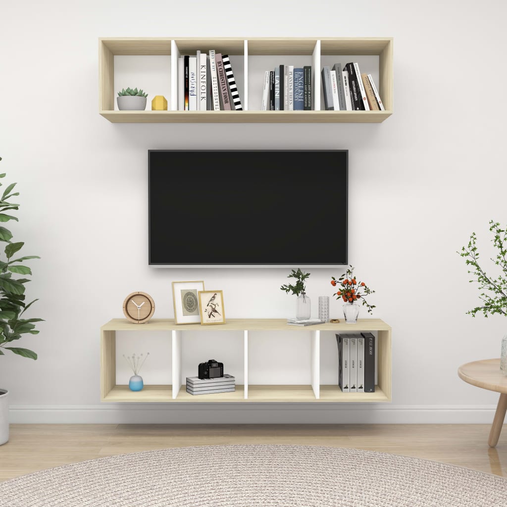 Wall-mounted TV Cabinets 2 pcs White and Sonoma Oak Engineered Wood