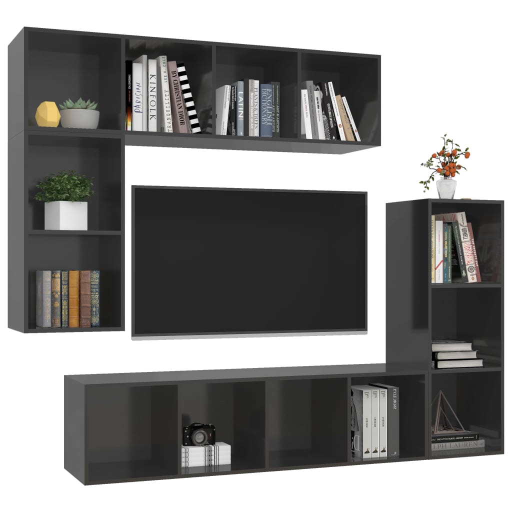 4 Piece TV Cabinet Set High Gloss Grey Engineered Wood