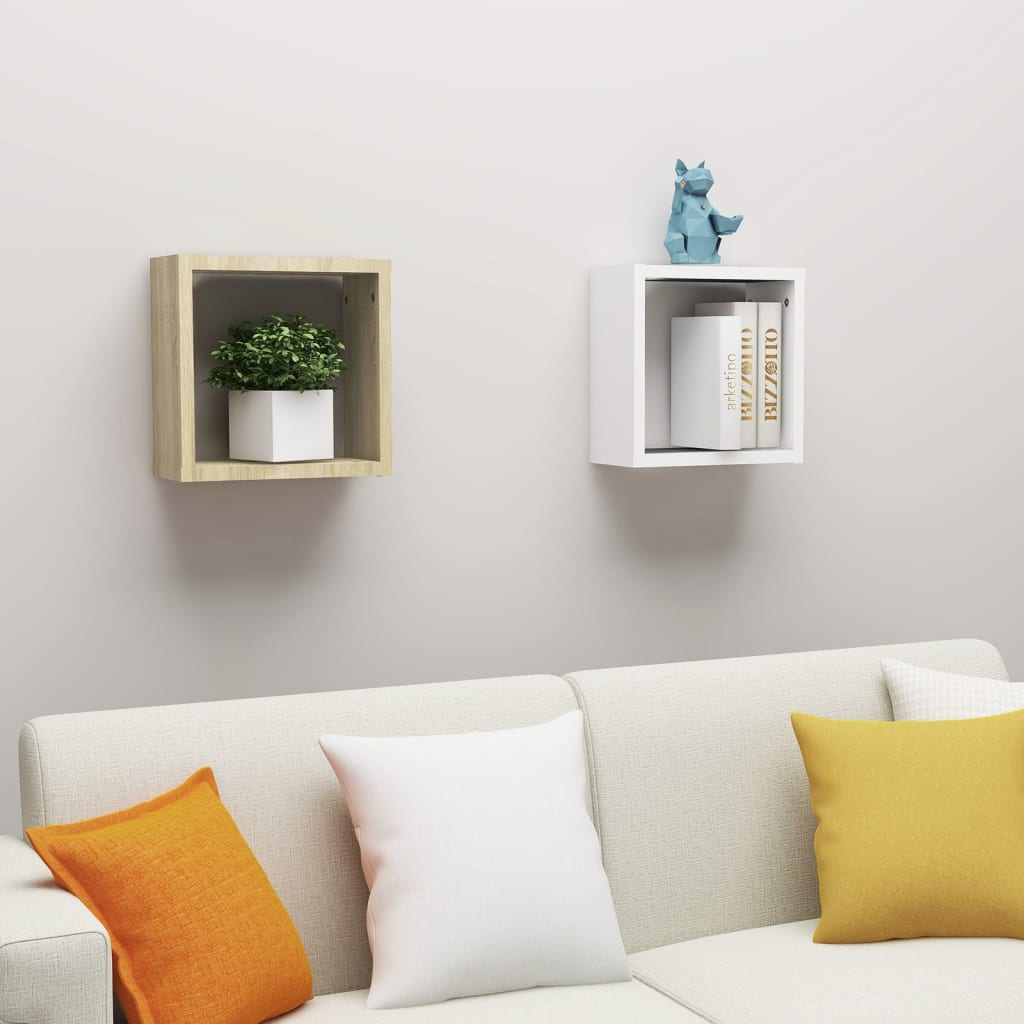 Wall Cube Shelves 2 pcs White and Sonoma Oak 30x15x30 cm