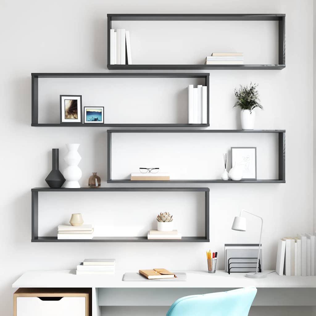 Wall Cube Shelves 4 pcs High Gloss Grey 100x15x30 cm Engineered Wood