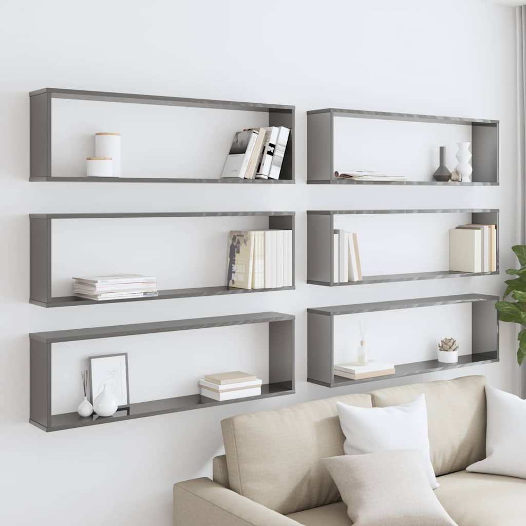 Wall Cube Shelves 6 pcs High Gloss Grey 100x15x30 cm Engineered Wood