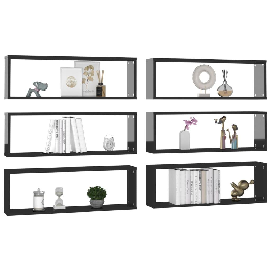 Wall Cube Shelves 6 pcs High Gloss Black 80x15x26.5cm Engineered Wood