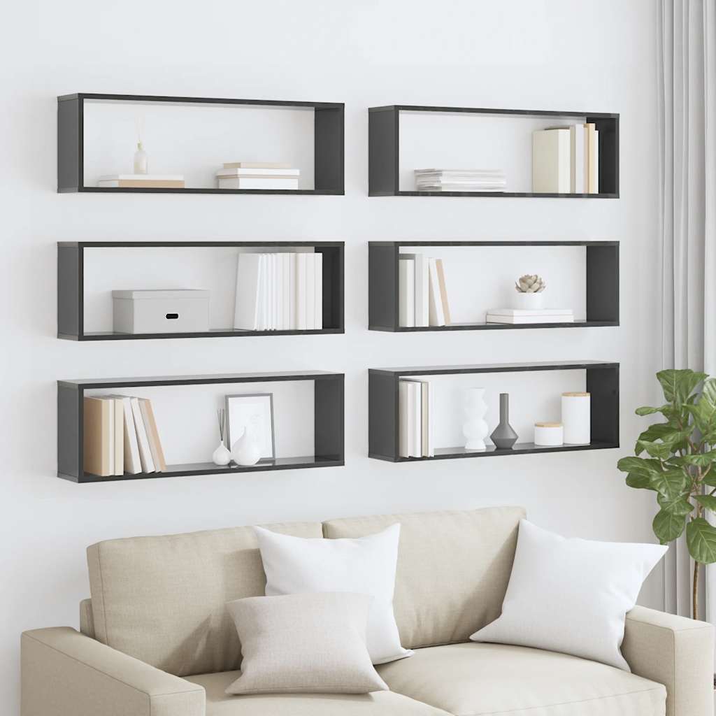 Wall Cube Shelves 6 pcs High Gloss Grey 80x15x26.5 cm Engineered Wood