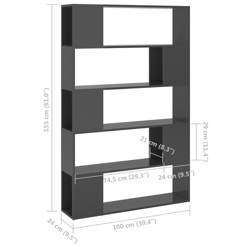 Book Cabinet Room Divider High Gloss Grey Engineered Wood