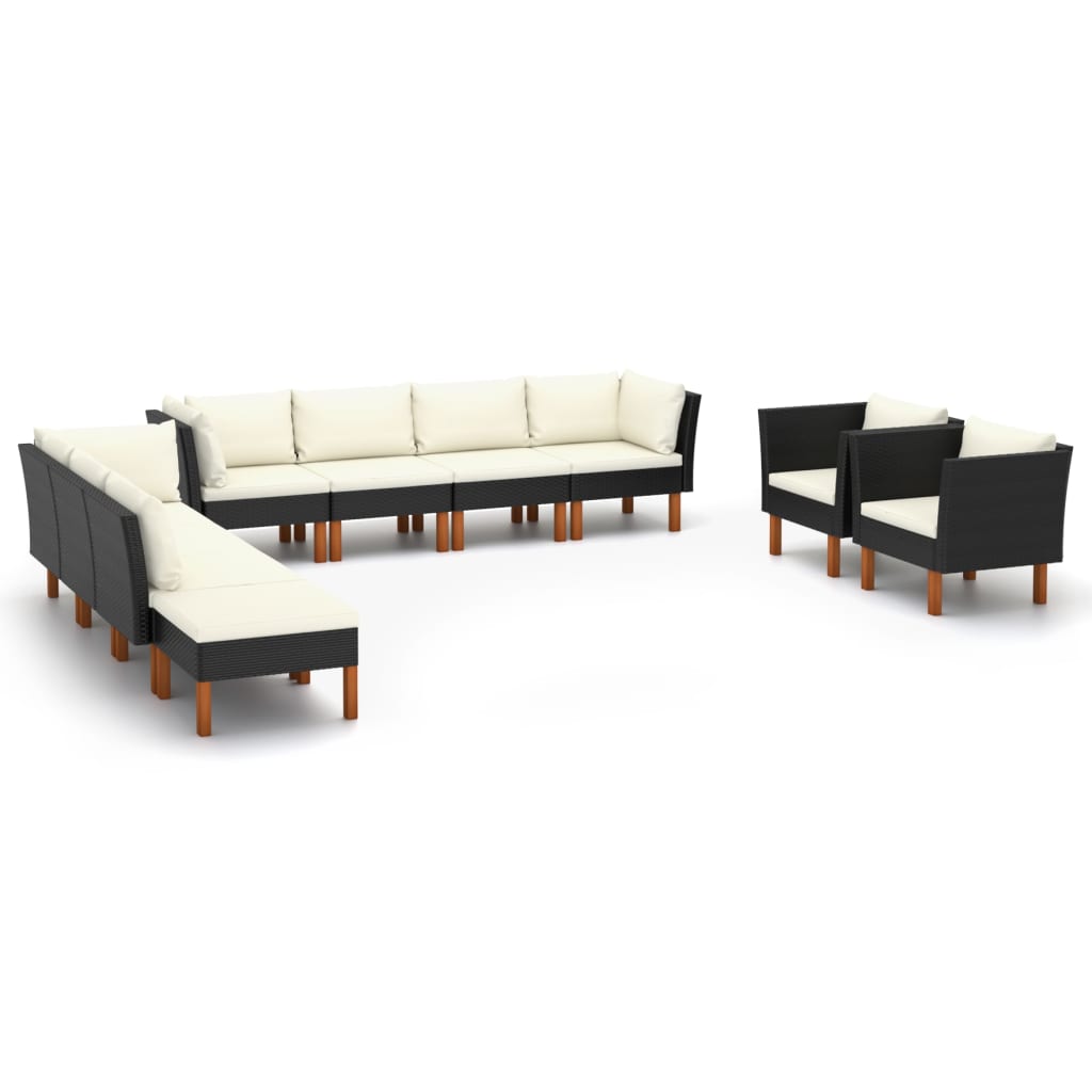 10 Piece Garden Lounge Set Poly Rattan and Eucalyptus Wood Black