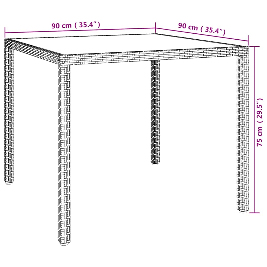 Garden Table 90x90x75 cm Tempered Glass and Poly Rattan Grey