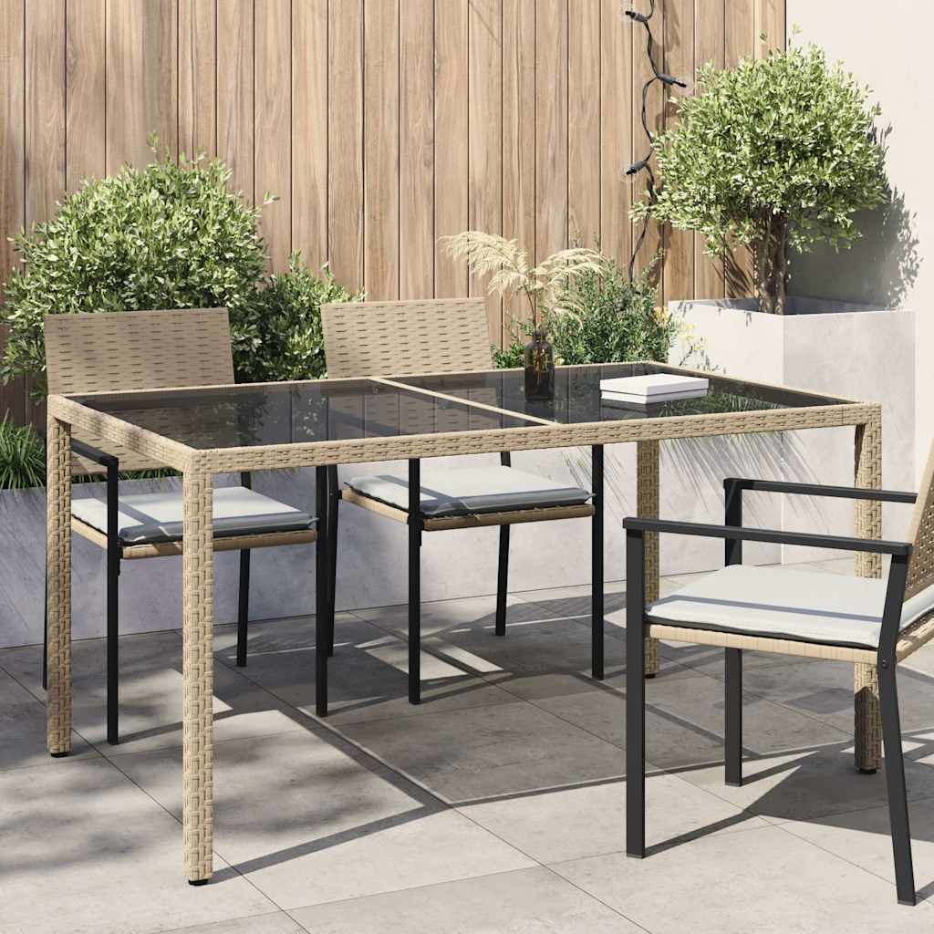 Garden Table 150x90x75 cm Tempered Glass and Poly Rattan Beige