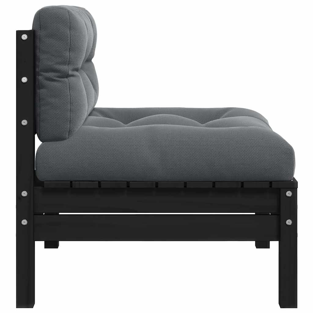 Garden Middle Sofa with Cushions Black Solid Pinewood