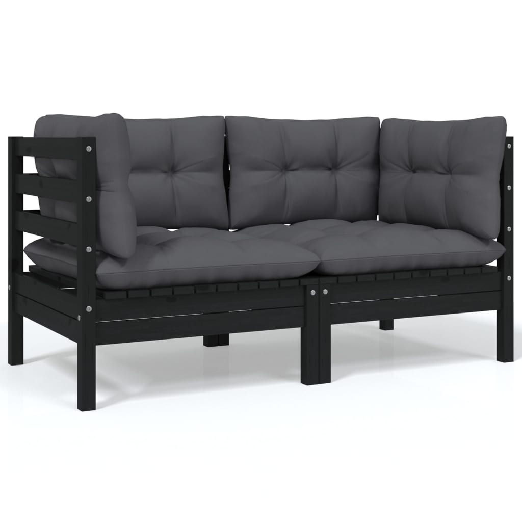 2-Seater Garden Sofa with Cushions Black Solid Pinewood