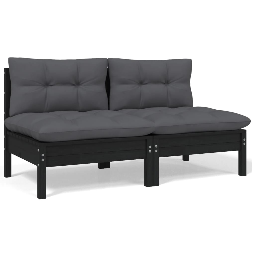 2-Seater Garden Sofa with Cushions Black Solid Pinewood