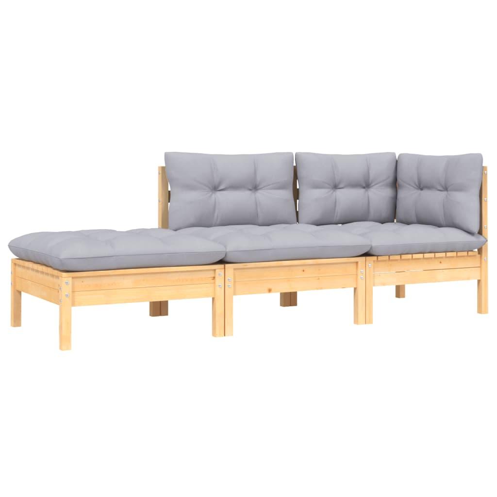 3 Piece Garden Lounge Set with Grey Cushions Solid Pinewood