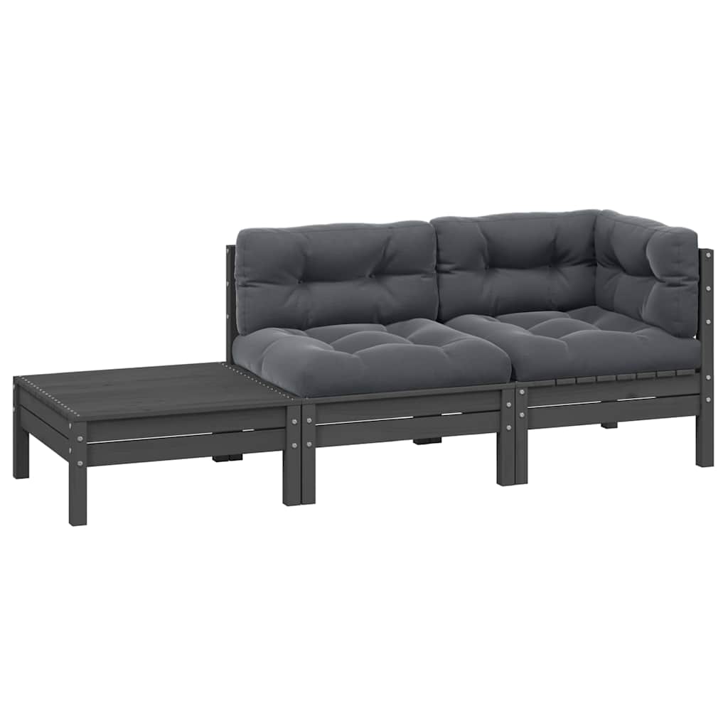 3 Piece Garden Lounge Set with Cushions Grey Solid Pinewood
