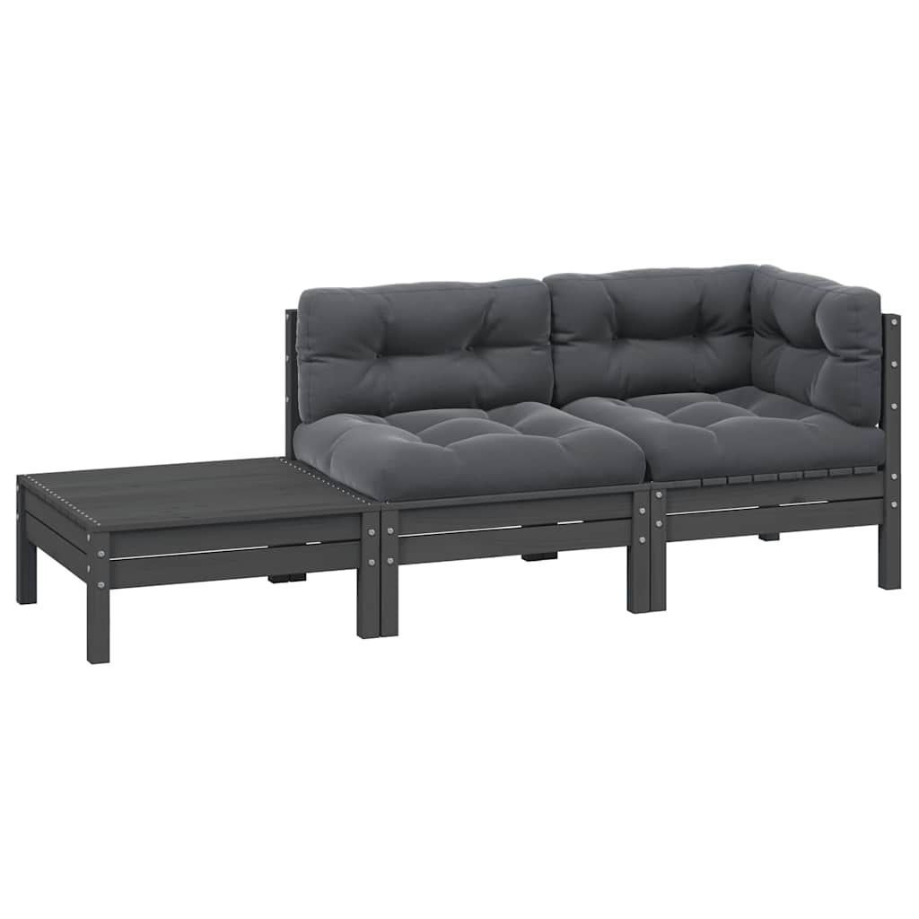 3 Piece Garden Lounge Set with Cushions Grey Solid Pinewood