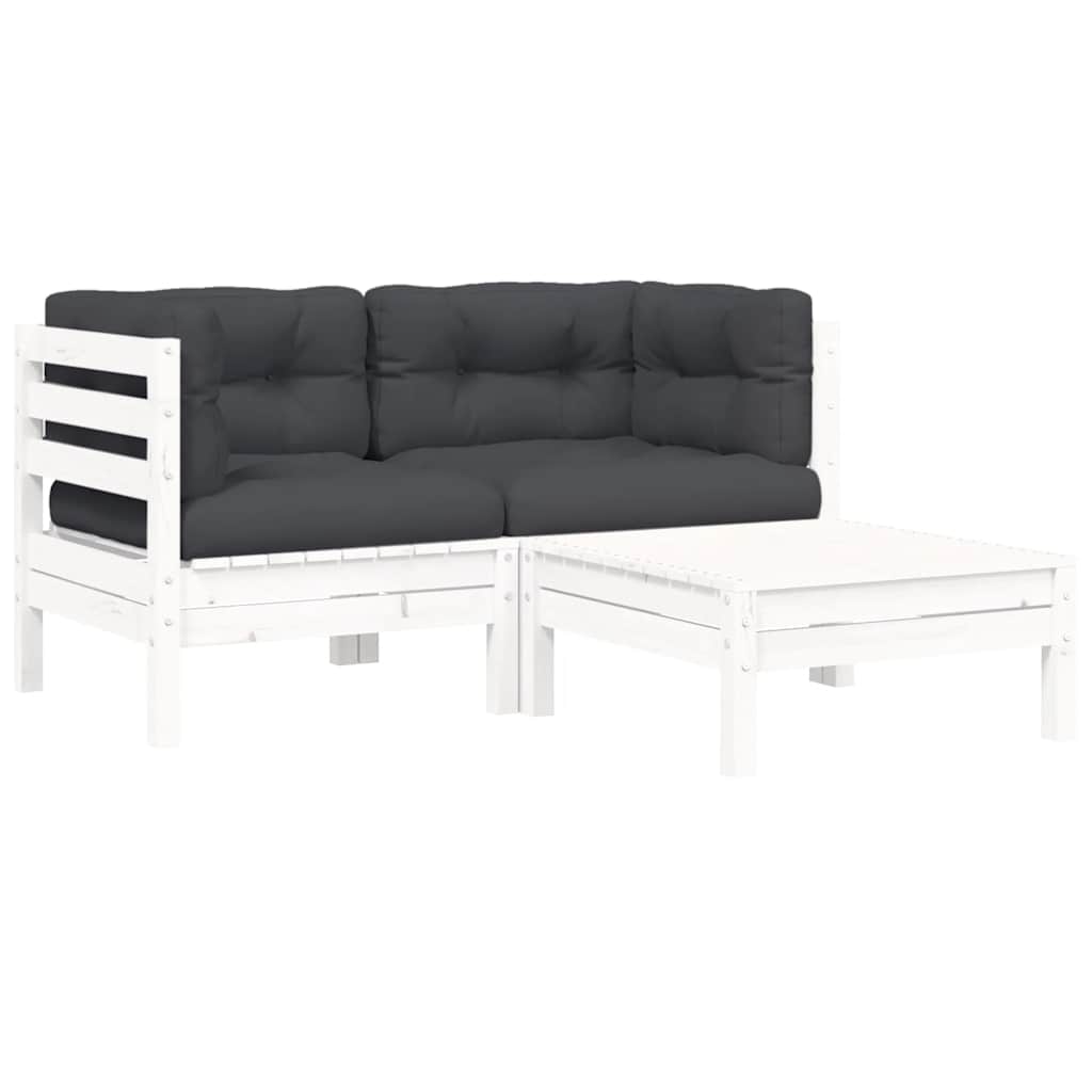 3 Piece Garden Lounge Set with Cushions White Solid Pinewood