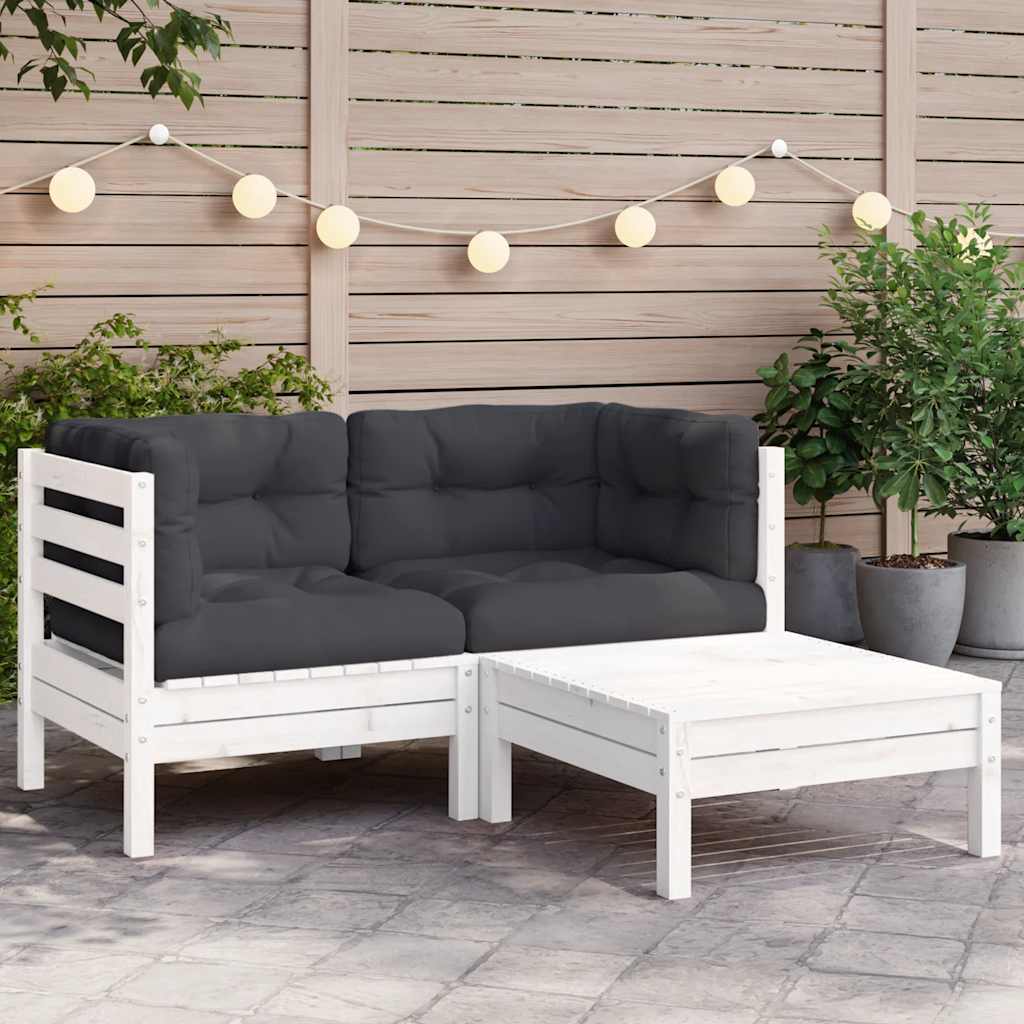 3 Piece Garden Lounge Set with Cushions White Solid Pinewood