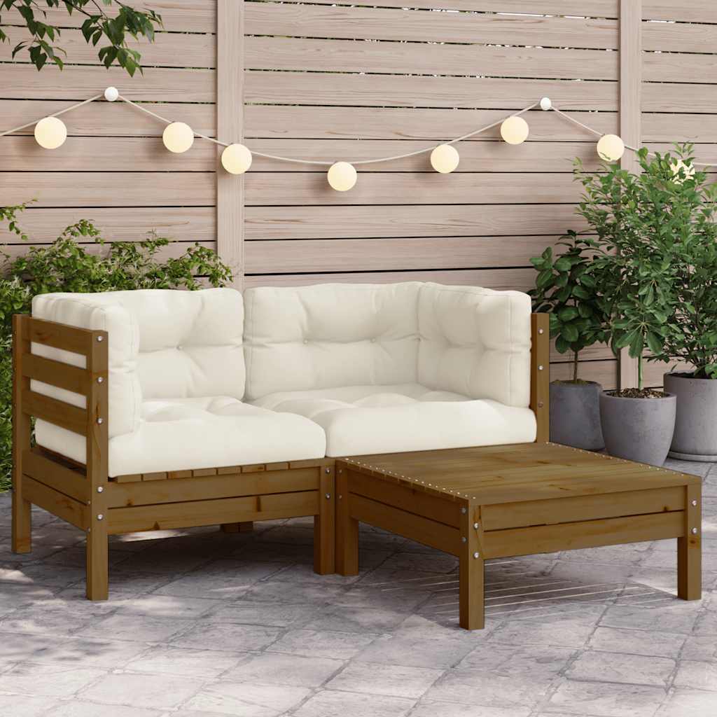 3 Piece Garden Lounge Set with Cream Cushions Solid Pinewood