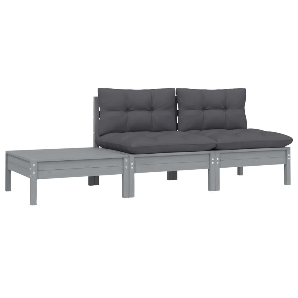 3 Piece Garden Lounge Set with Cushions Grey Solid Pinewood
