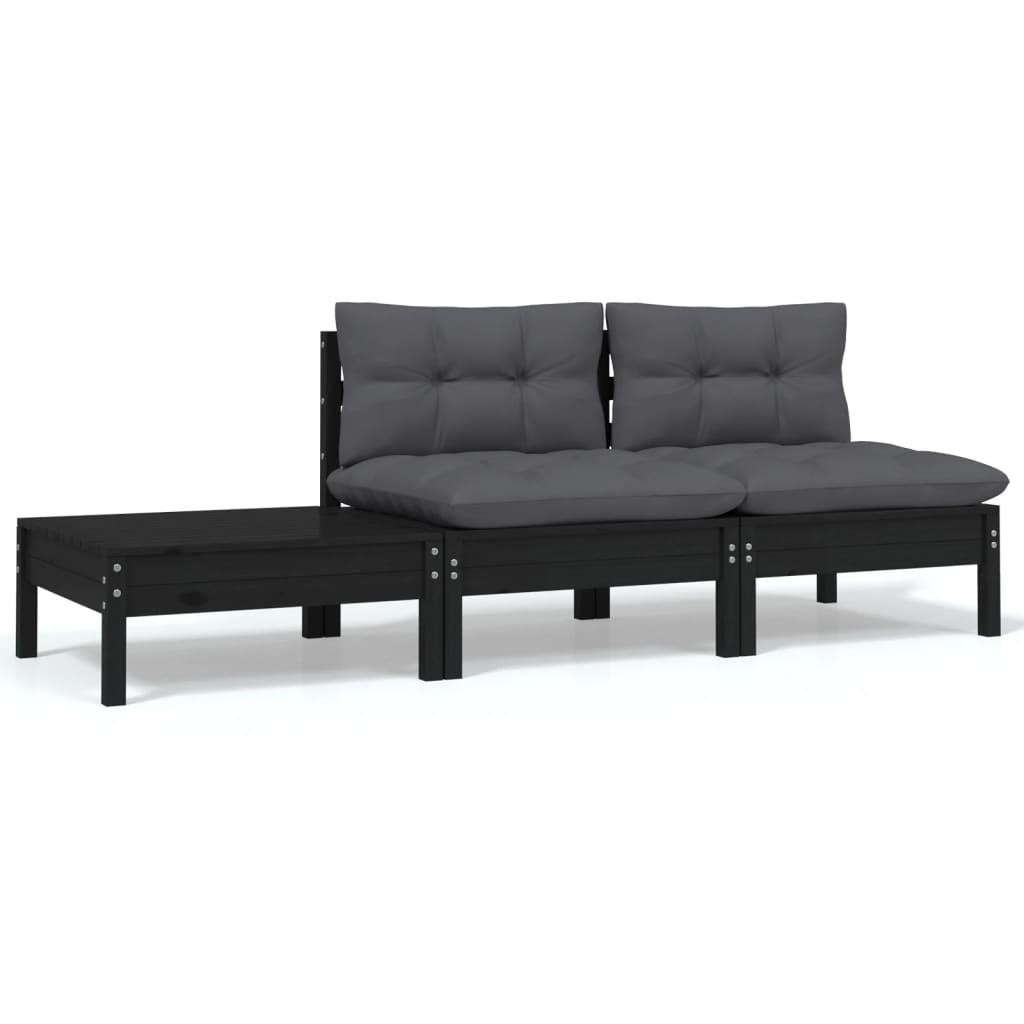 3 Piece Garden Lounge Set with Cushions Black Solid Pinewood