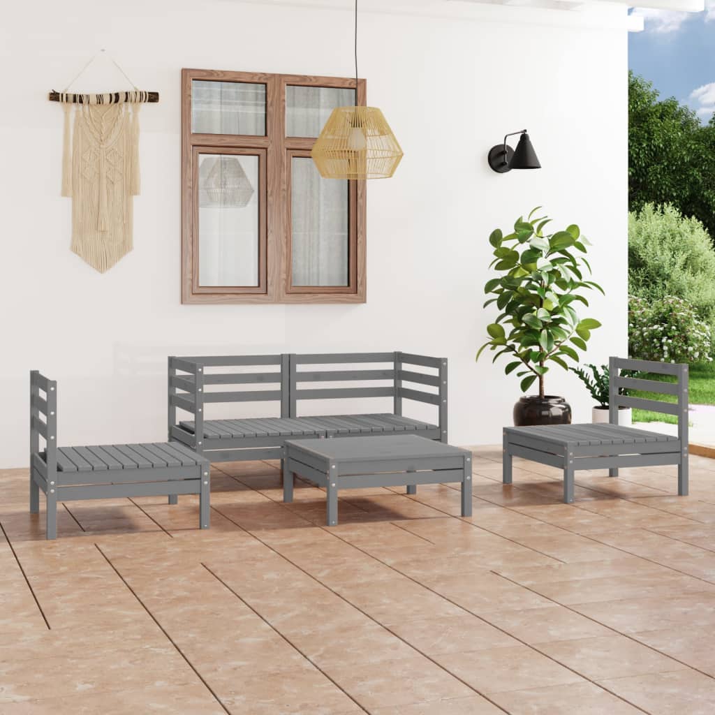 5 Piece Garden Lounge Set Grey Solid Pinewood