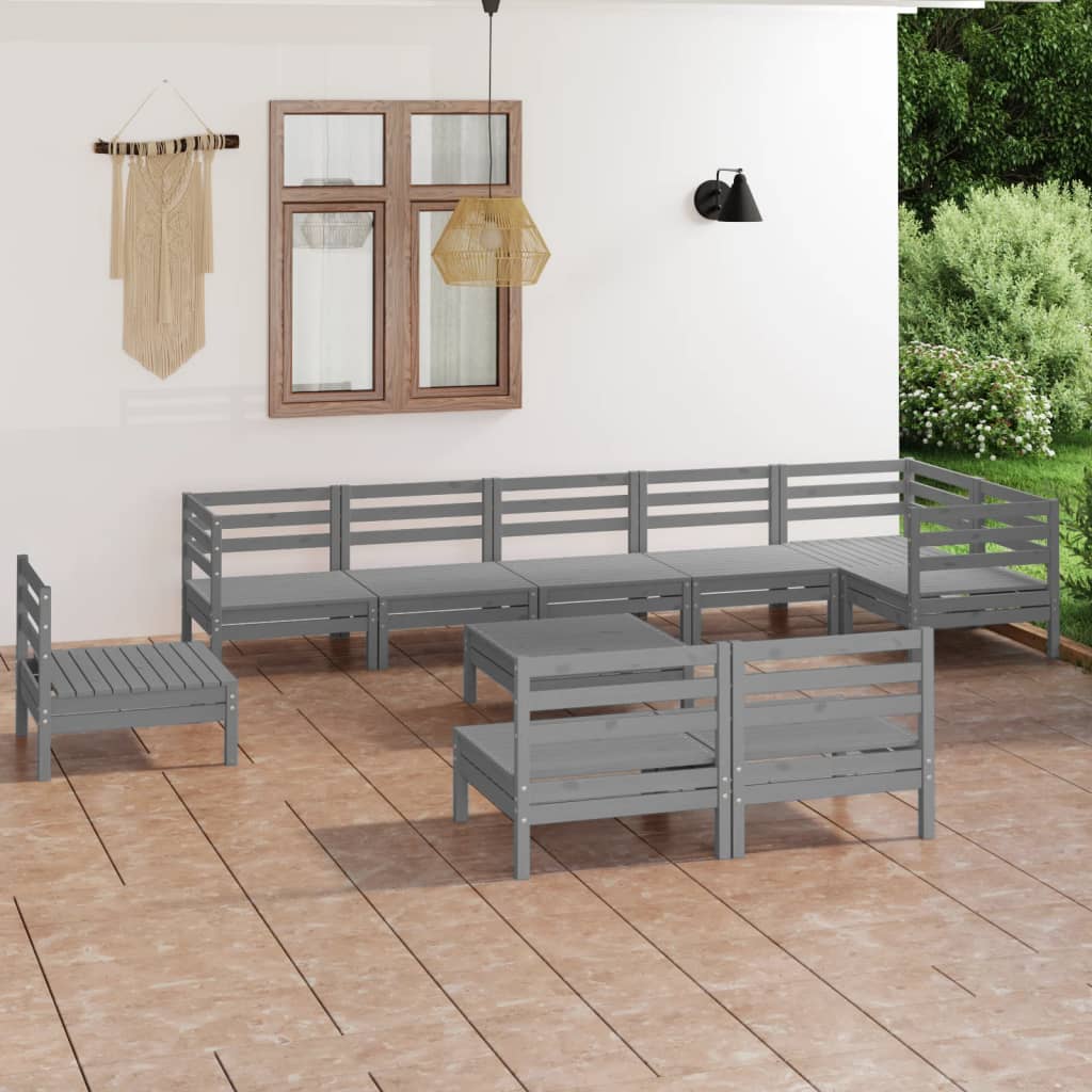 10 Piece Garden Lounge Set Solid Pinewood Grey