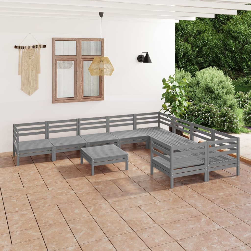 10 Piece Garden Lounge Set Grey Solid Pinewood