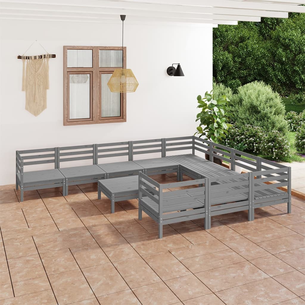 11 Piece Garden Lounge Set Grey Solid Pinewood
