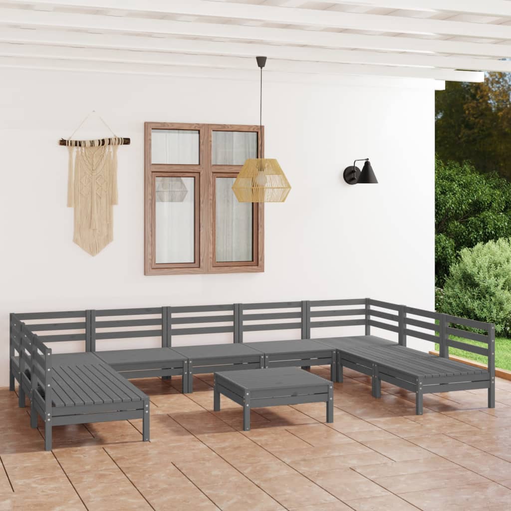 10 Piece Garden Lounge Set Grey Solid Pinewood