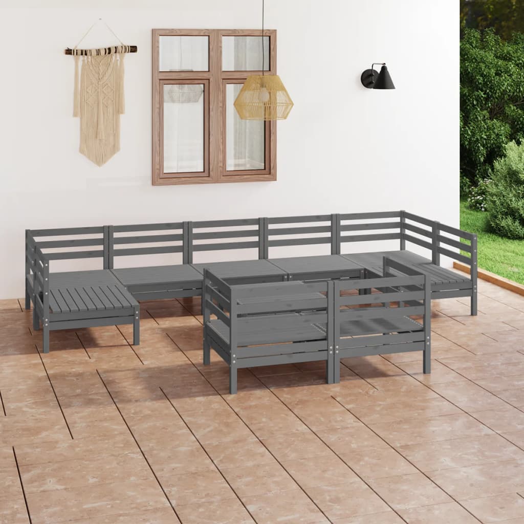 10 Piece Garden Lounge Set Grey Solid Pinewood