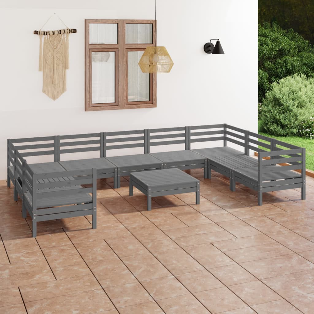 10 Piece Garden Lounge Set Grey Solid Pinewood