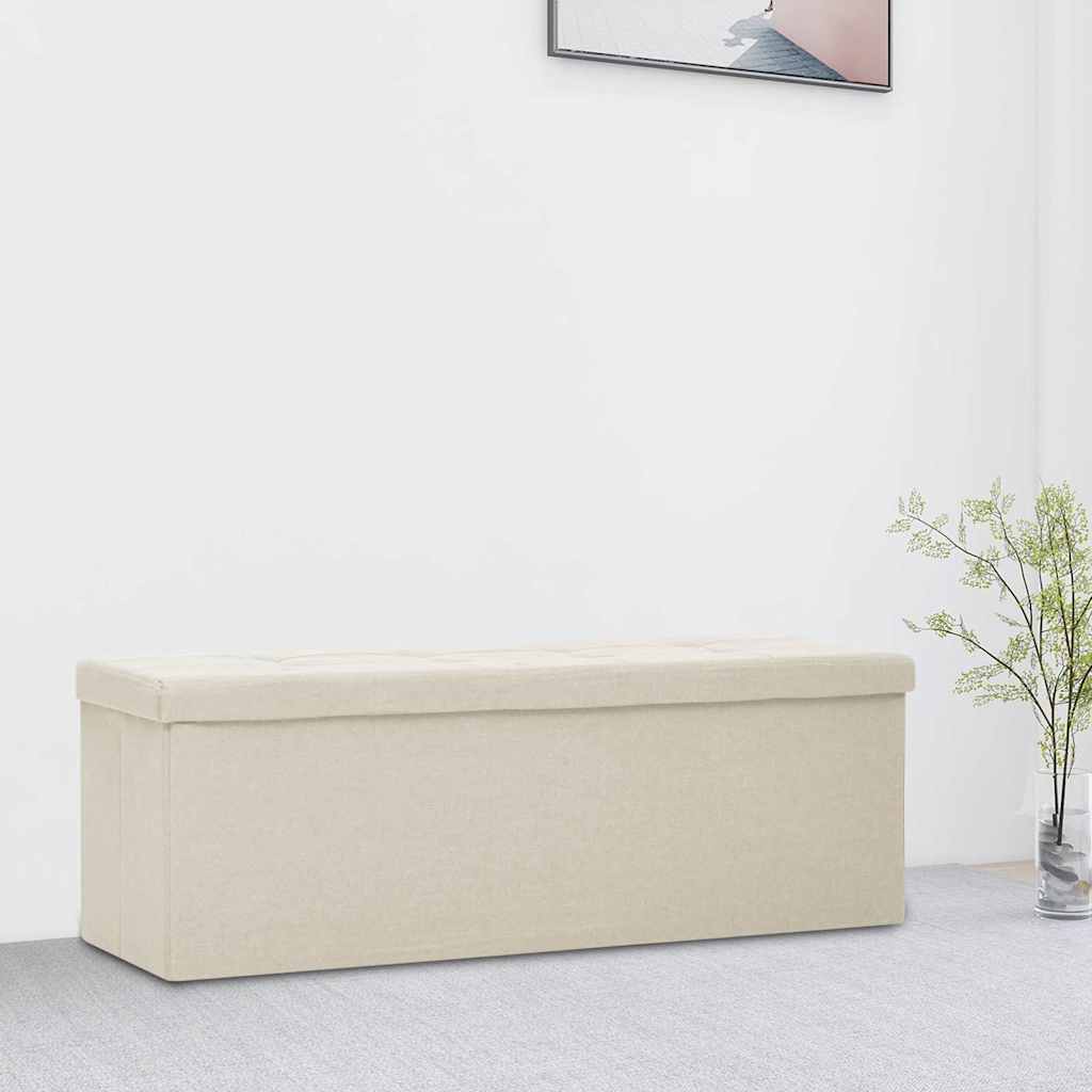 Folding Storage Bench Cream White Faux Linen