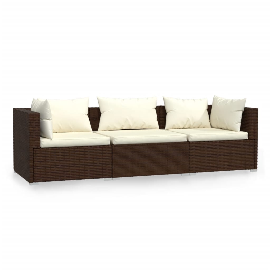 3-Seater Sofa with Cushions Brown Poly Rattan