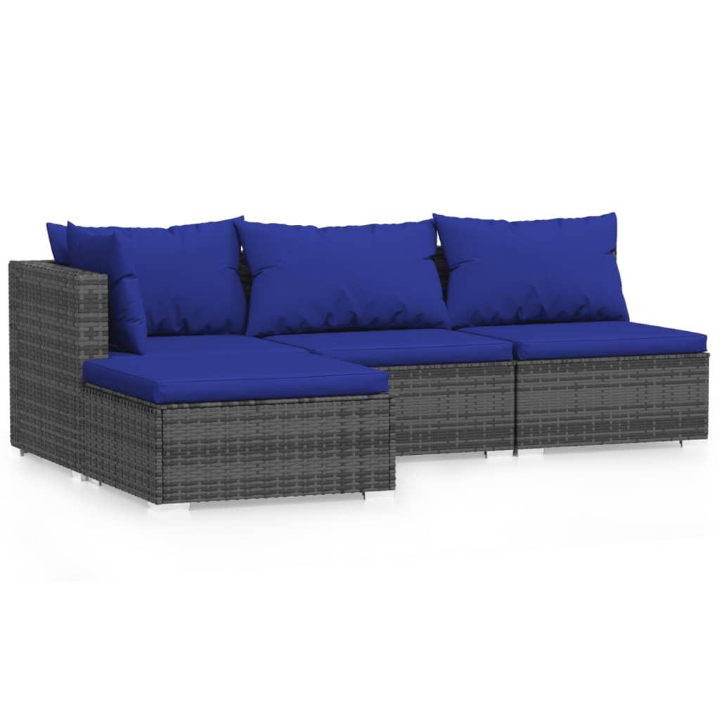 4 Piece Garden Lounge Set with Cushions Grey Poly Rattan