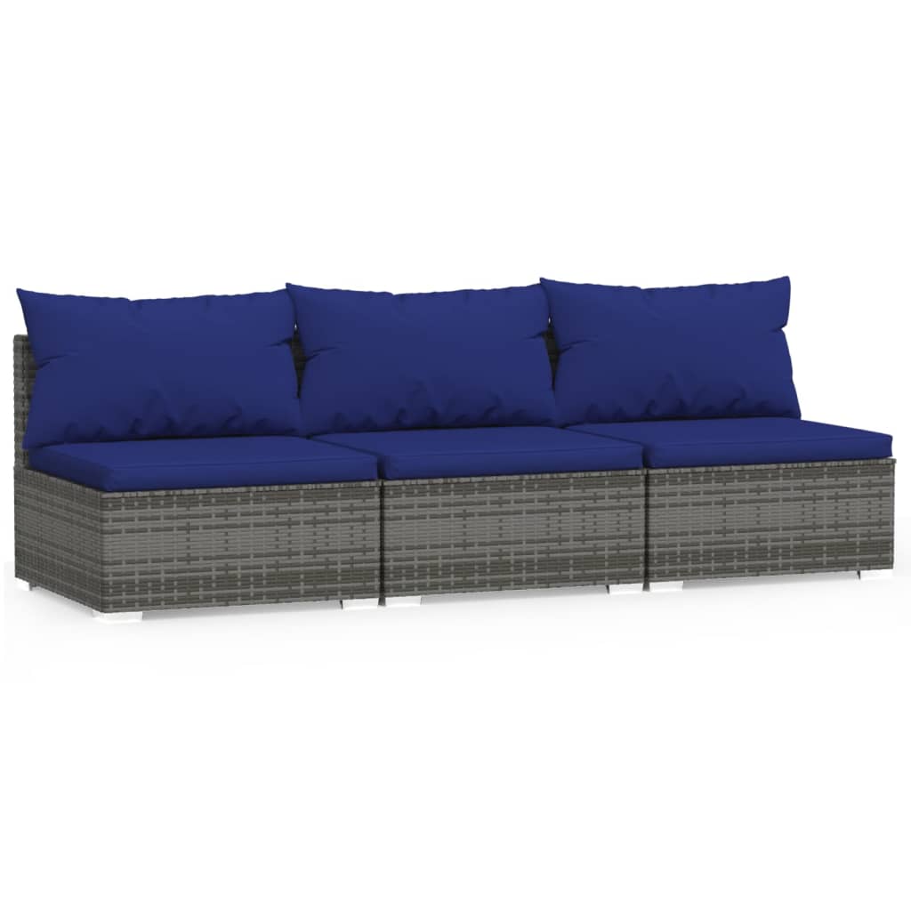 3-Seater Sofa with Cushions Grey Poly Rattan