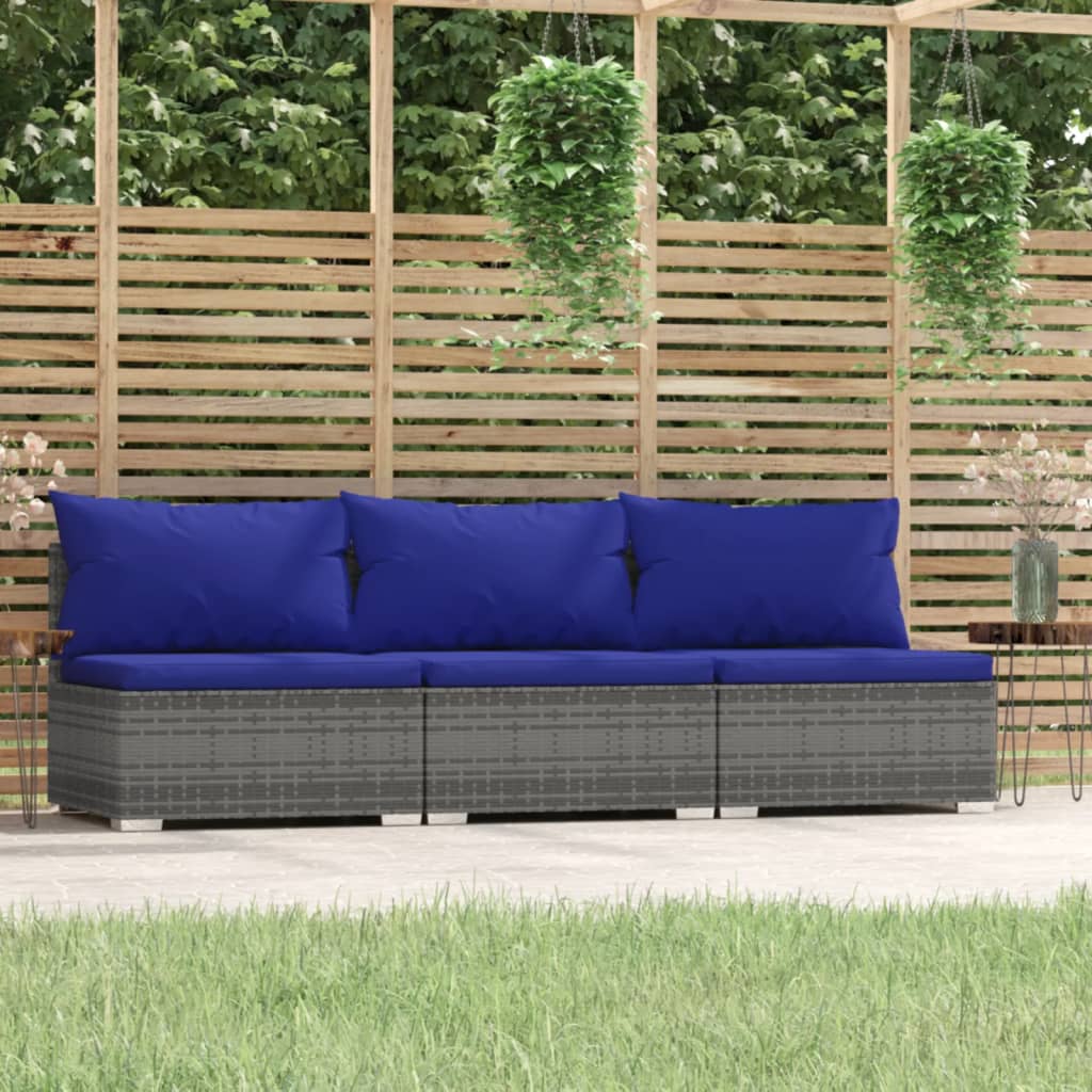 3-Seater Sofa with Cushions Grey Poly Rattan