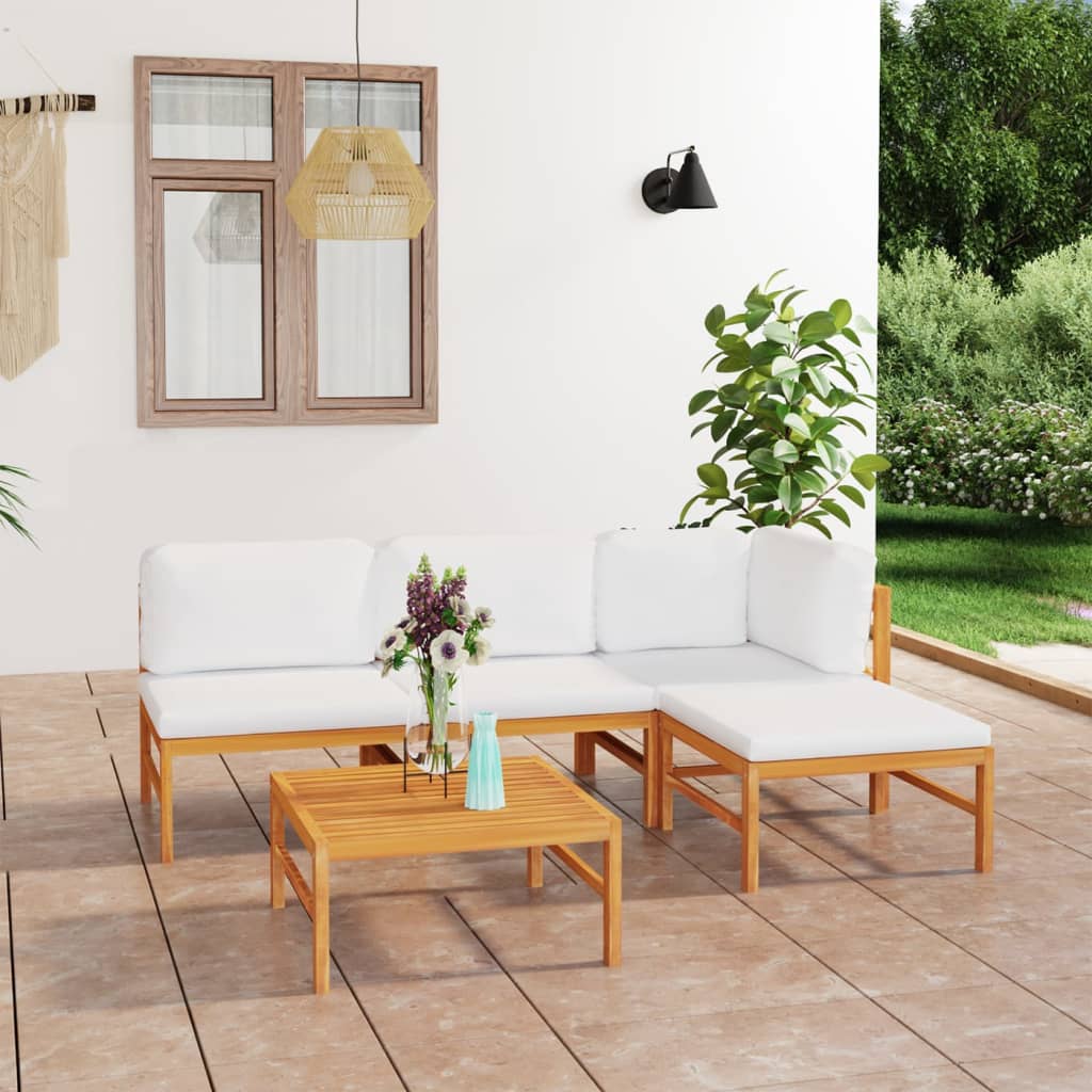 5 Piece Garden Lounge Set with Cream Cushions Solid Teak Wood