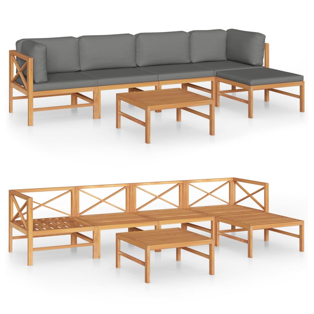 6 Piece Garden Lounge Set with Grey Cushions Solid Teak Wood