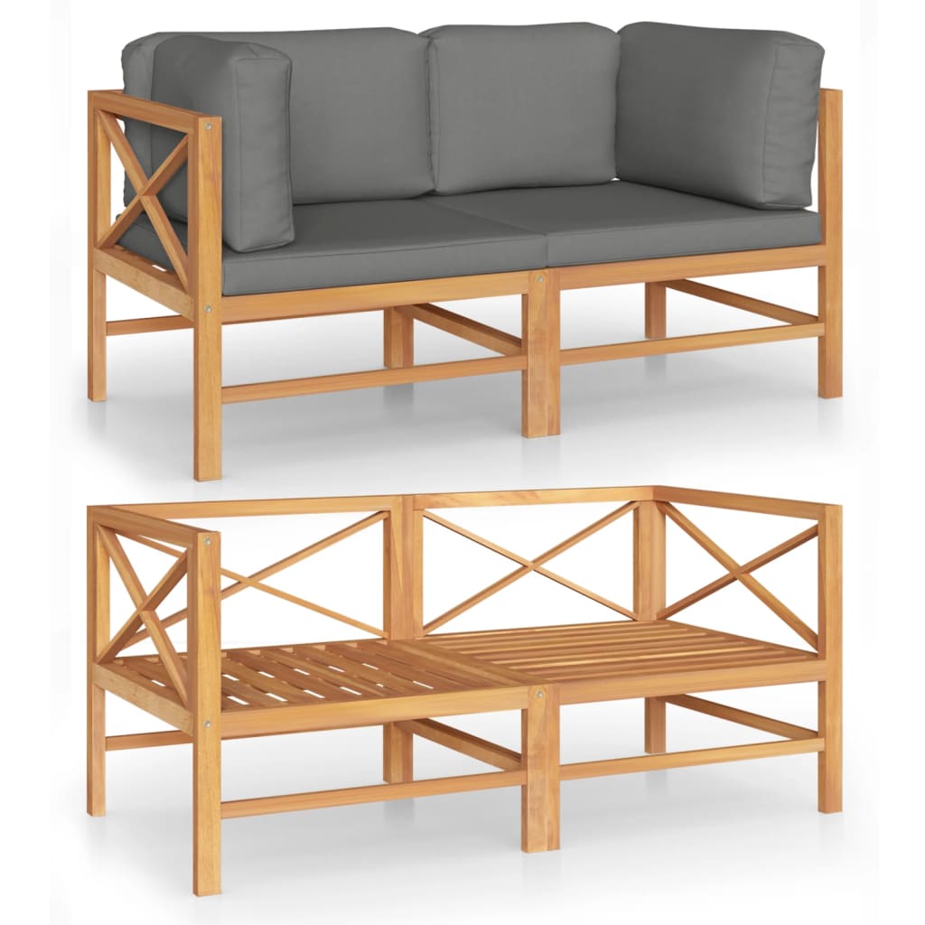 2-Seater Garden Sofa with Grey Cushions Solid Wood Teak