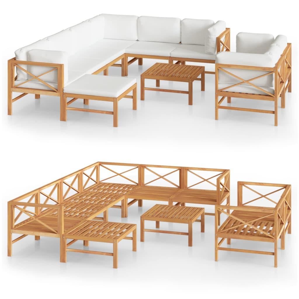 10 Piece Garden Lounge Set with Cream Cushions Solid Teak Wood