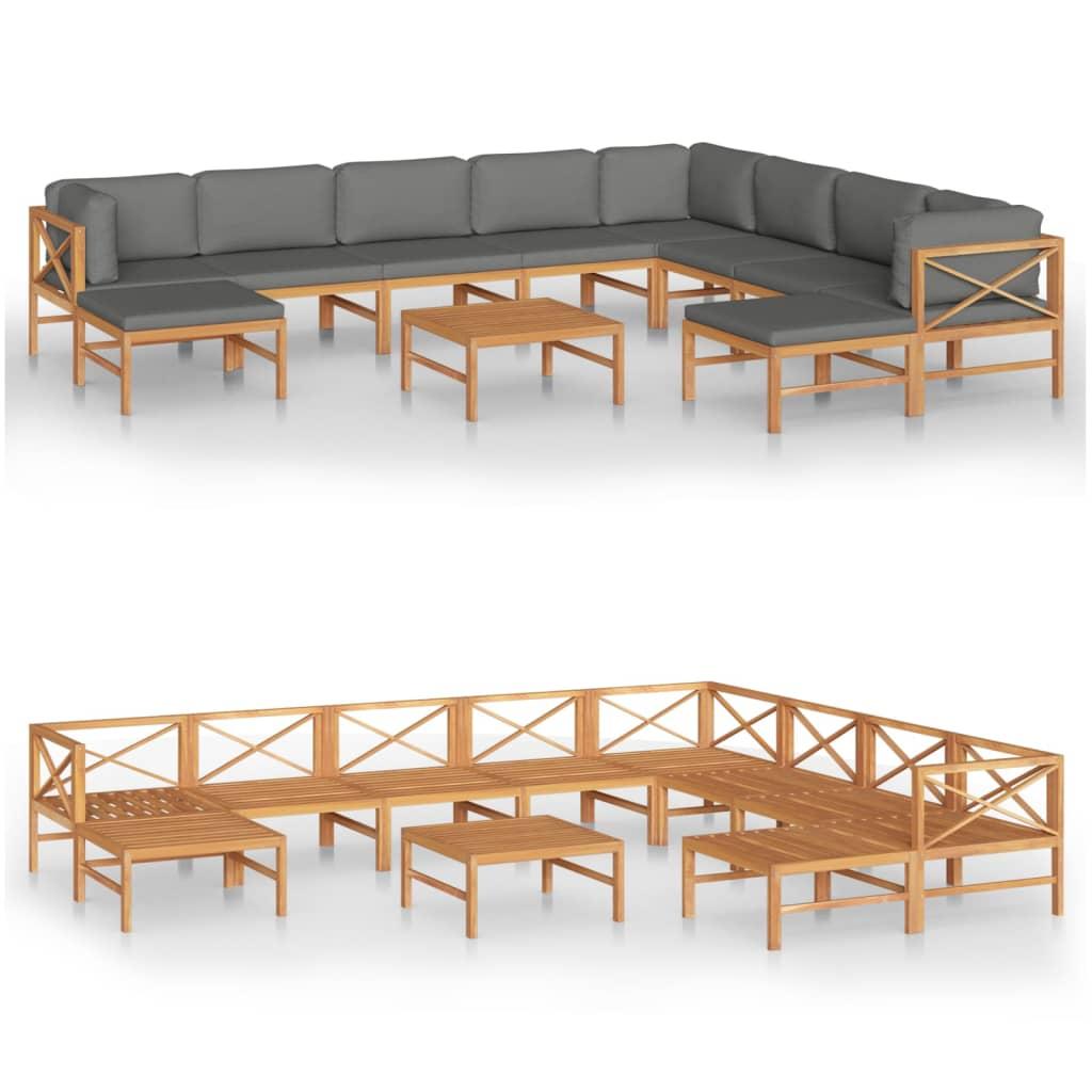 11 Piece Garden Lounge Set with Grey Cushions Solid Teak Wood