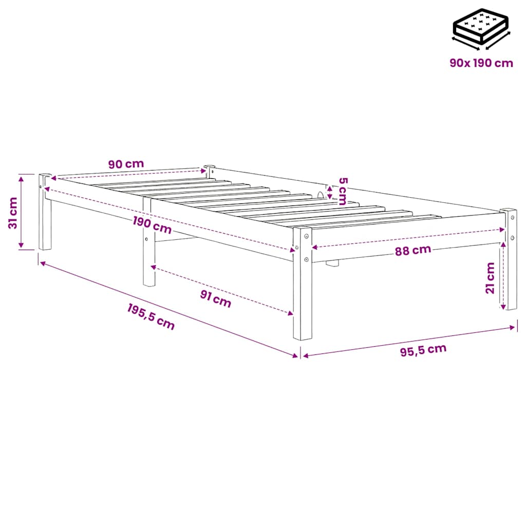 Bed Frame without Mattress Solid Wood 90x190 cm