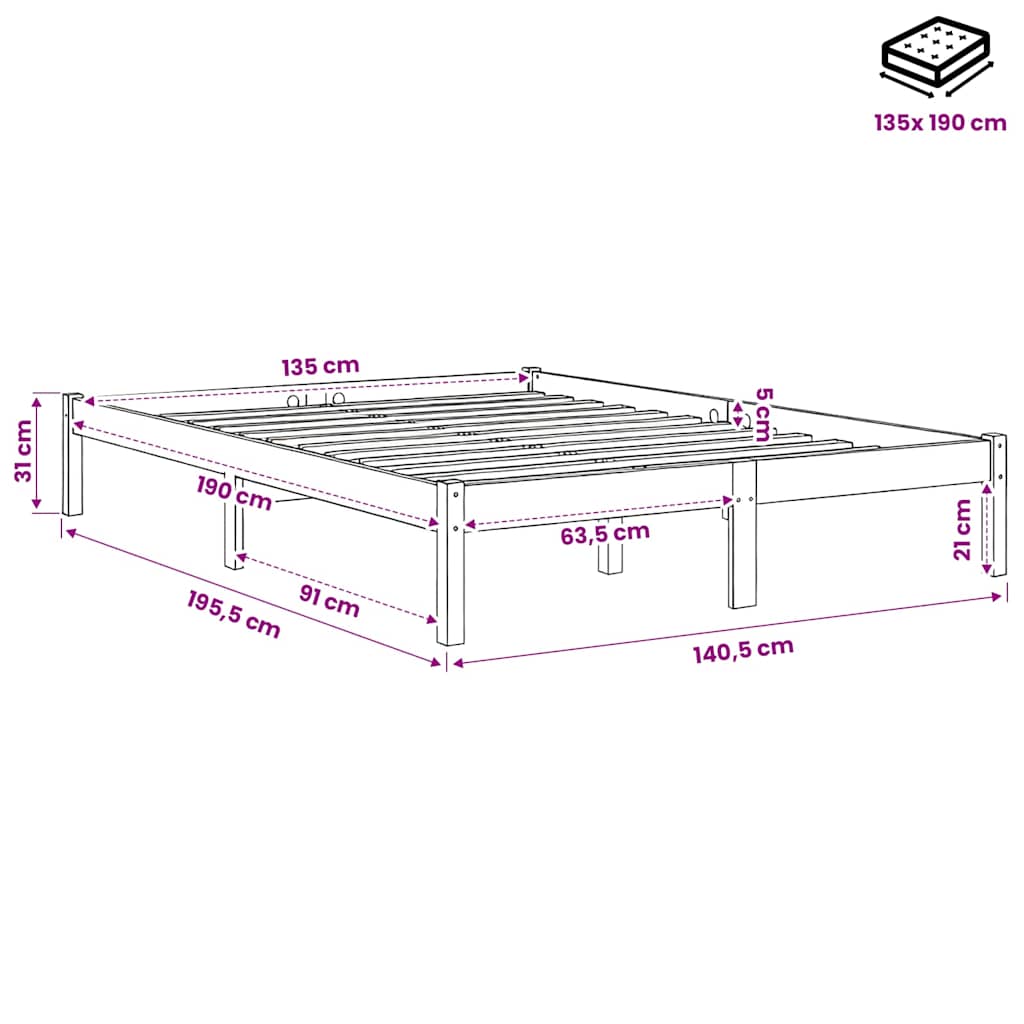 Bed Frame without Mattress White Solid Wood 135x190 cm