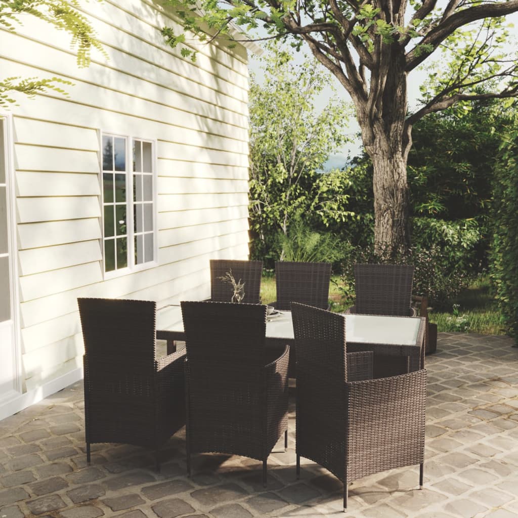 7 Piece Outdoor Dining Set with Cushions Poly Rattan Brown