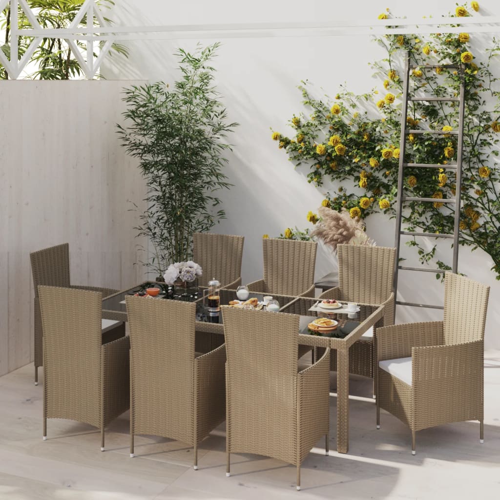 9 Piece Outdoor Dining Set with Cushions Poly Rattan Beige