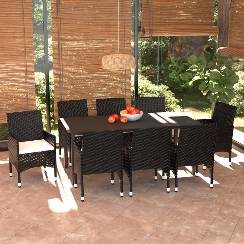 9 Piece Garden Dining Set with Cushions Poly Rattan Black